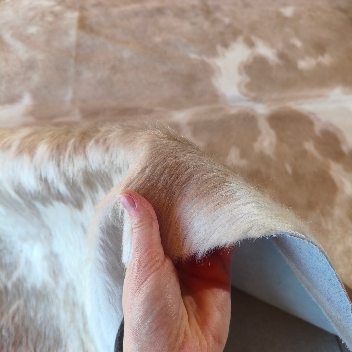 Tapete de couro de boi bege e branco brilhoso BC983 — foto real 3