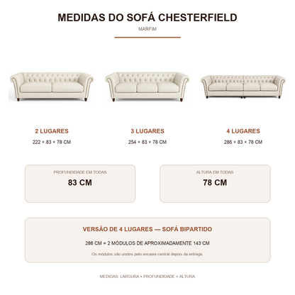 Medidas do Sofá Chesterfield Marfim: 222, 254 e 286 cm de largura, todos com 83 × 78 cm
