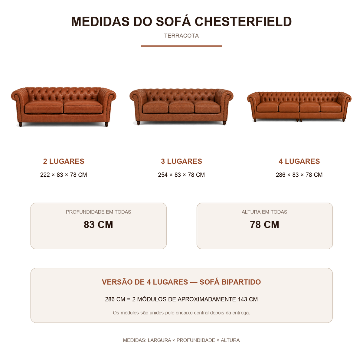 Medidas do Sofá Chesterfield Terracota: 222, 254 e 286 cm de largura, todos com 83 × 78 cm