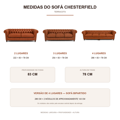 Medidas do Sofá Chesterfield Terracota: 222, 254 e 286 cm de largura, todos com 83 × 78 cm