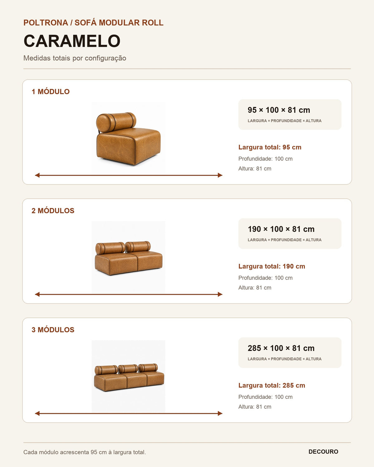 Infográfico de medidas da Poltrona / Sofá Modular Roll Caramelo: 1, 2 e 3 módulos