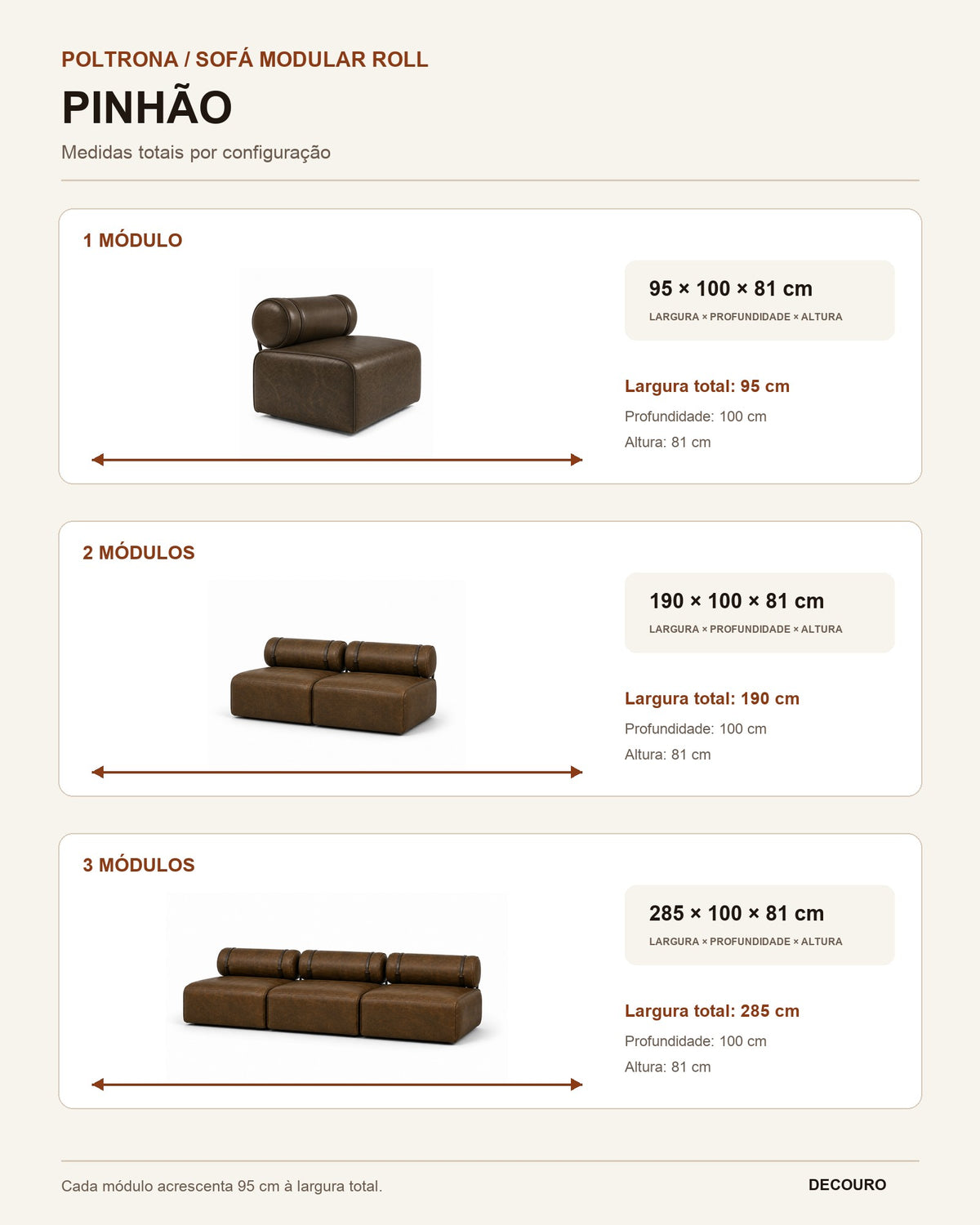 Infográfico de medidas da Poltrona / Sofá Modular Roll Pinhão: 1, 2 e 3 módulos