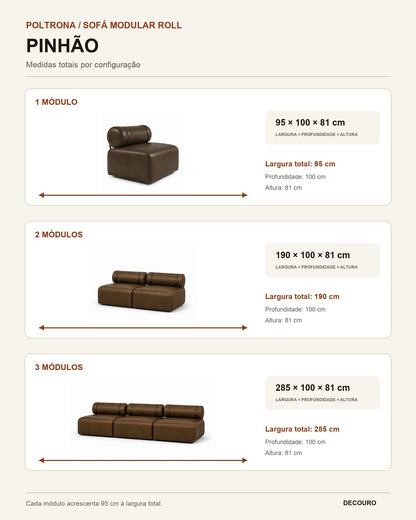 Infográfico de medidas da Poltrona / Sofá Modular Roll Pinhão: 1, 2 e 3 módulos