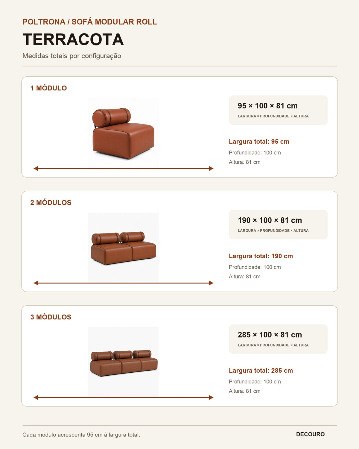 Infográfico de medidas da Poltrona / Sofá Modular Roll Terracota: 1, 2 e 3 módulos
