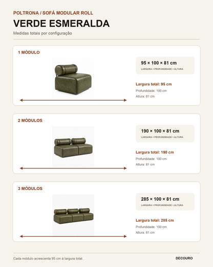 Infográfico de medidas da Poltrona / Sofá Modular Roll Verde Esmeralda: 1, 2 e 3 módulos
