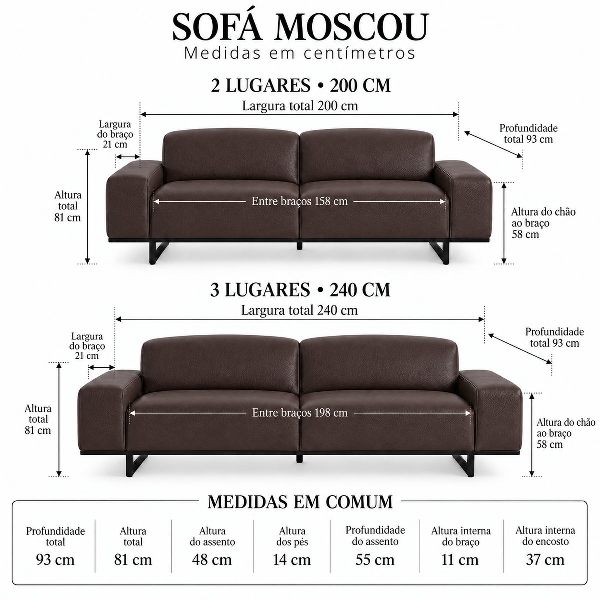 Sofá Moscou Café 2 ou 3 Lugares em Couro Legítimo — 200 ou 240 cm — medidas 200 e 240 cm