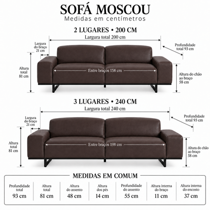 Sofá Moscou Café 2 ou 3 Lugares em Couro Legítimo — 200 ou 240 cm — medidas 200 e 240 cm