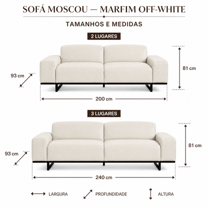 Medidas do Sofa Moscou Marfim Off-White: 2 lugares 200 cm e 3 lugares 240 cm; profundidade 93 cm e altura 81 cm