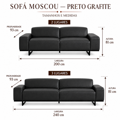 Medidas do Sofa Moscou Preto Grafite: 2 lugares 200 cm e 3 lugares 240 cm; profundidade 93 cm e altura 81 cm