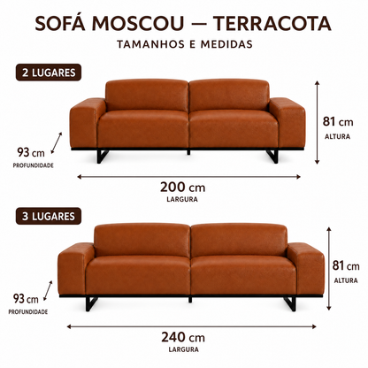 Medidas do Sofa Moscou Terracota: 2 lugares 200 cm e 3 lugares 240 cm; profundidade 93 cm e altura 81 cm