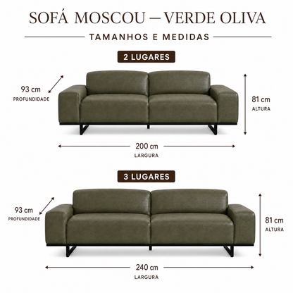 Medidas do Sofa Moscou Verde Oliva: 2 lugares 200 cm e 3 lugares 240 cm; profundidade 93 cm e altura 81 cm