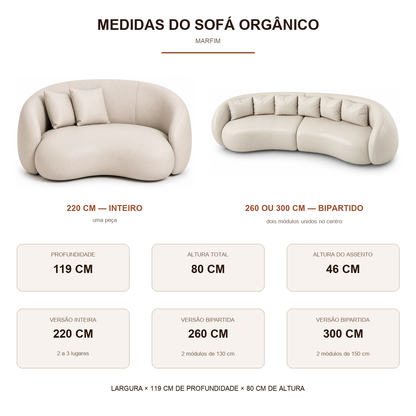 Medidas do Sofá Curvo Orgânico Marfim: 119 cm de profundidade, 80 cm de altura e assento a 46 cm do chão