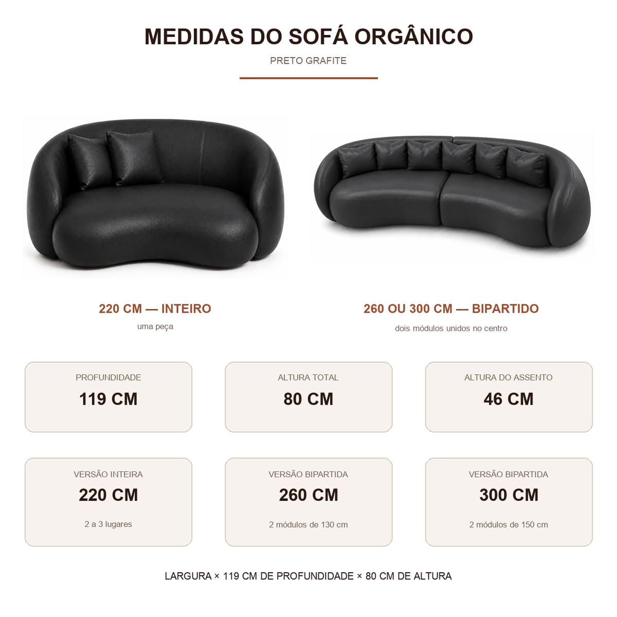 Medidas do Sofá Orgânico Curvo Preto Grafite: 119 cm de profundidade, 80 cm de altura e assento a 46 cm