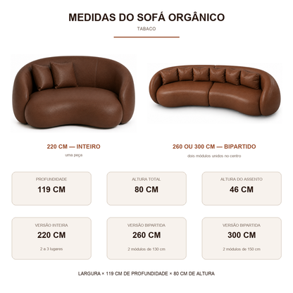Medidas do Sofá Orgânico Curvo Tabaco: 119 cm de profundidade, 80 cm de altura total e assento a 46 cm