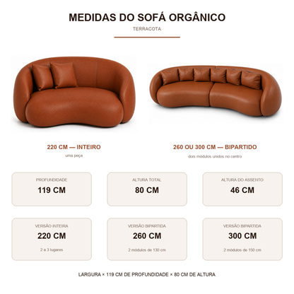 Medidas do Sofá Curvo Orgânico Terracota: 119 cm de profundidade, 80 cm de altura e assento a 46 cm do chão