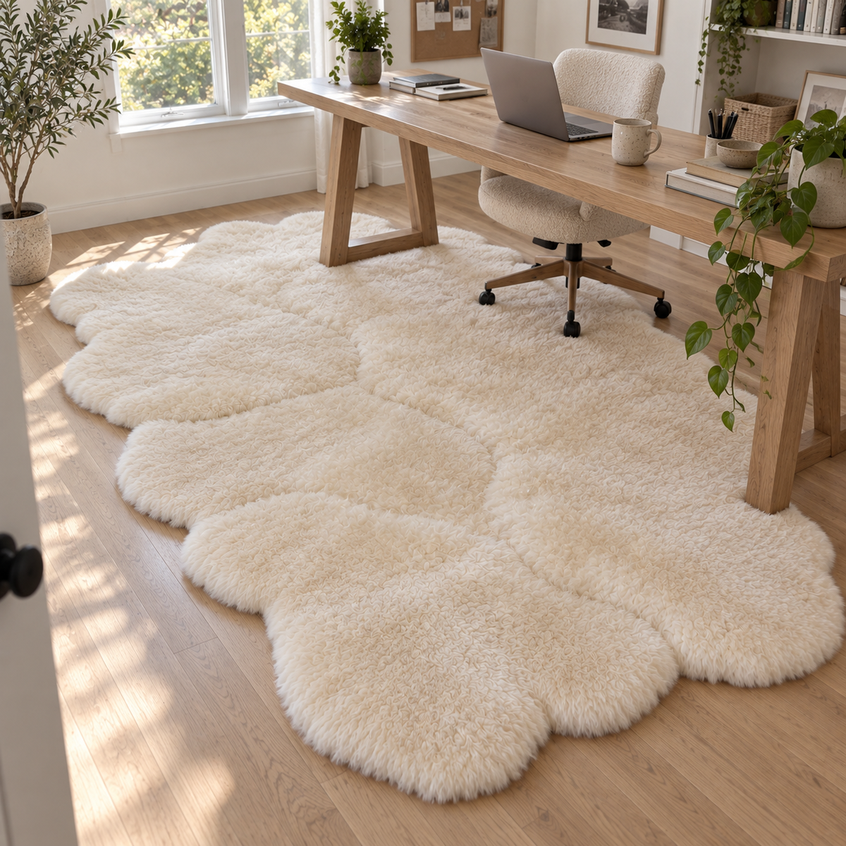 Tapete Costurado Retangular Creme sob mesa de home office com cadeira