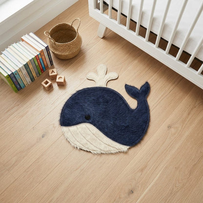 tapete infantil baleia em couro bovino natural no quarto de bebê
