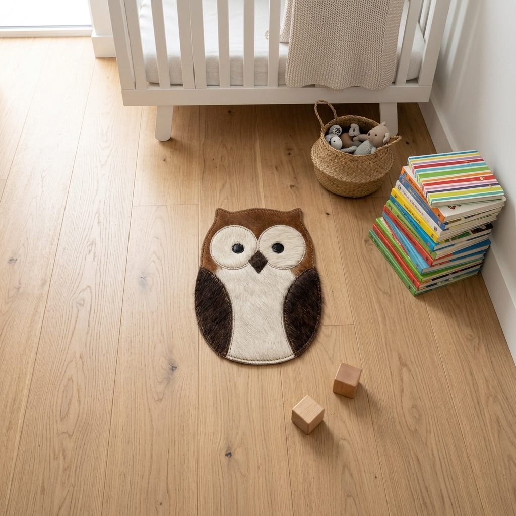 Coruja em couro natural no cantinho de leitura do quarto infantil