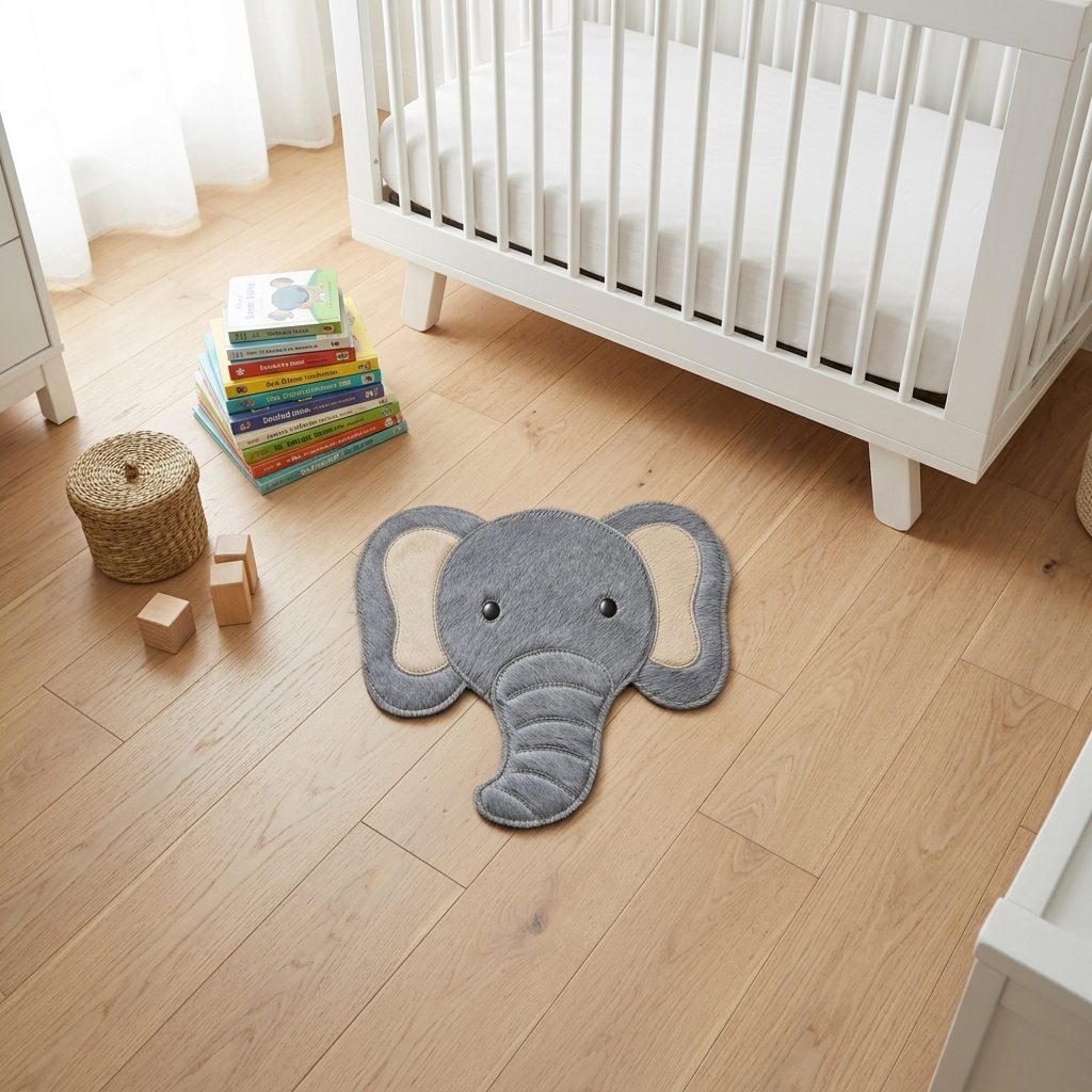 Elefante em couro natural no cantinho de leitura do quarto infantil