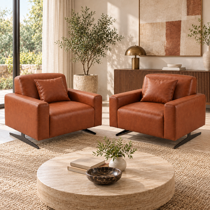 Duas Poltronas Moscou Terracota com duas almofadas em sala iluminada