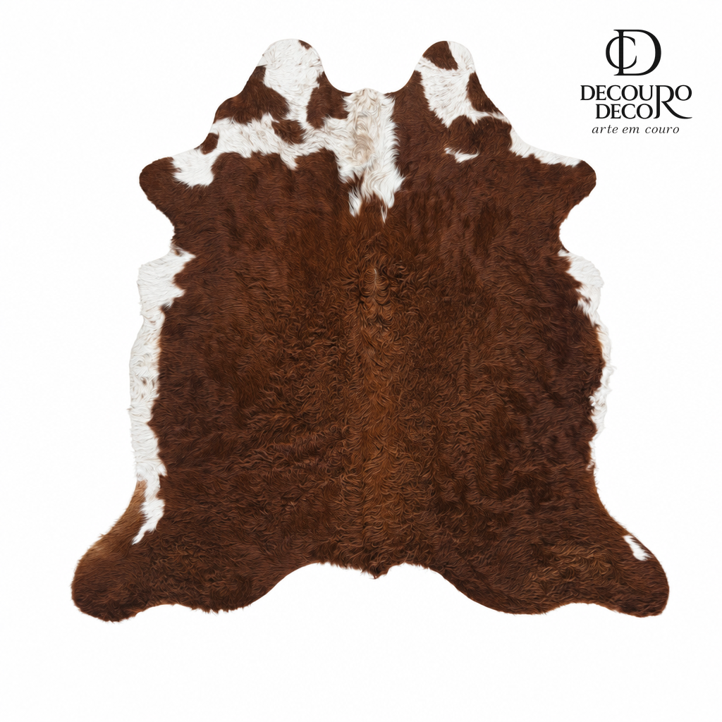 Tapete de pele de boi vermelho e branco pelo alto VB1010 1,98x1,93m em couro bovino legítimo — fundo branco