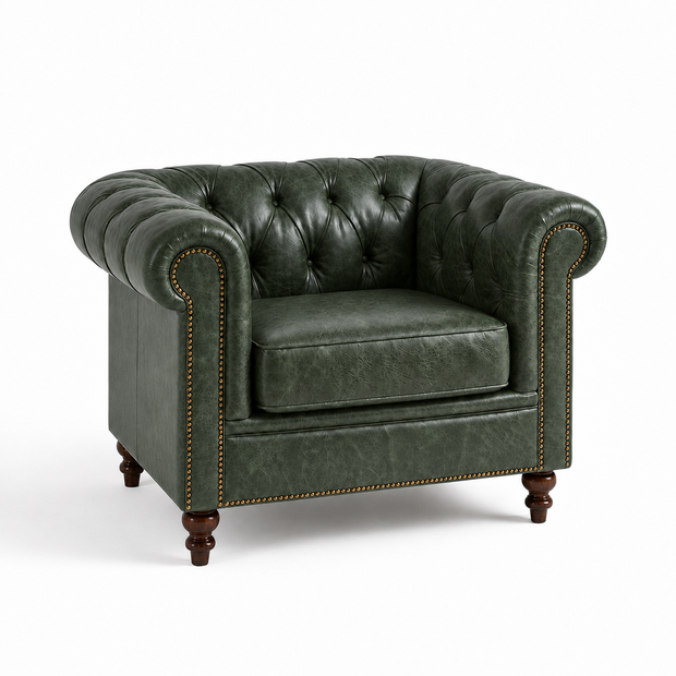 Poltrona Inglesa Chesterfield Verde Esmeralda em Couro Premium (Texturizado) — versão 1 Poltrona