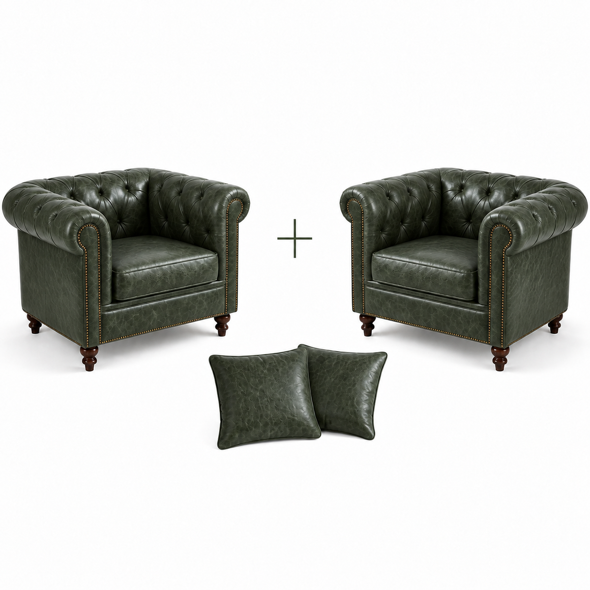 2 Poltronas Chesterfield Verde Esmeralda com 2 almofadas no mesmo couro