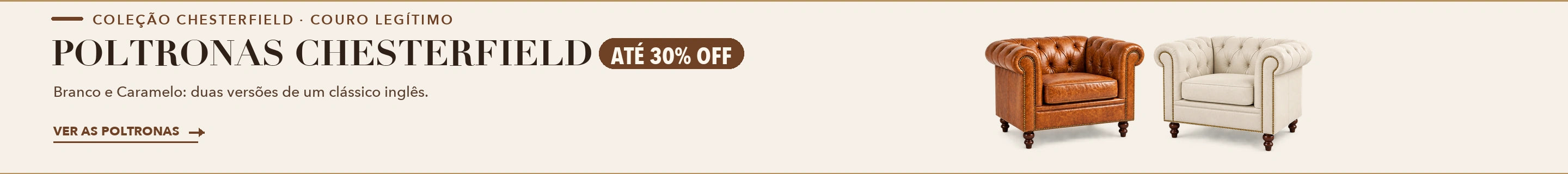 Poltronas Chesterfield em Branco e Caramelo, at? 30% OFF